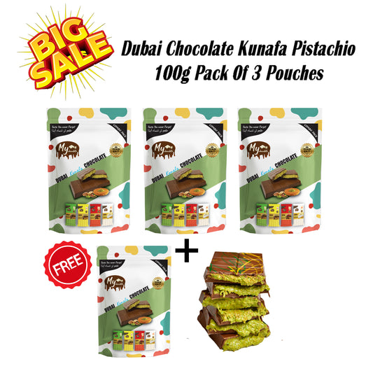 Dubai Chocolate Kunafa Pistachio – 3 Flavors 100g Pack of 3 Pouchs