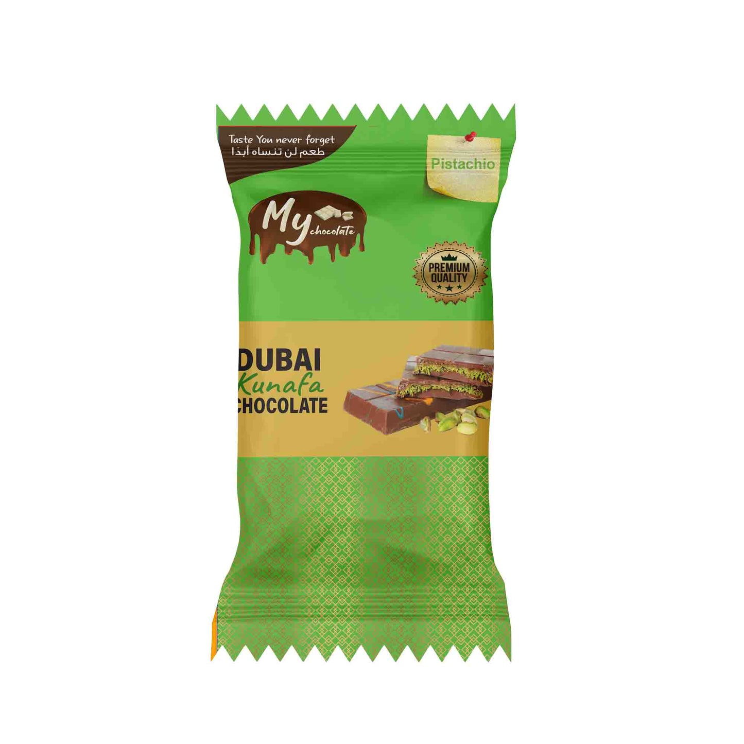 Dubai Kunafa Pistachio Chocolate 20g – Pack of 4 (Buy 4 Get 1 Free)