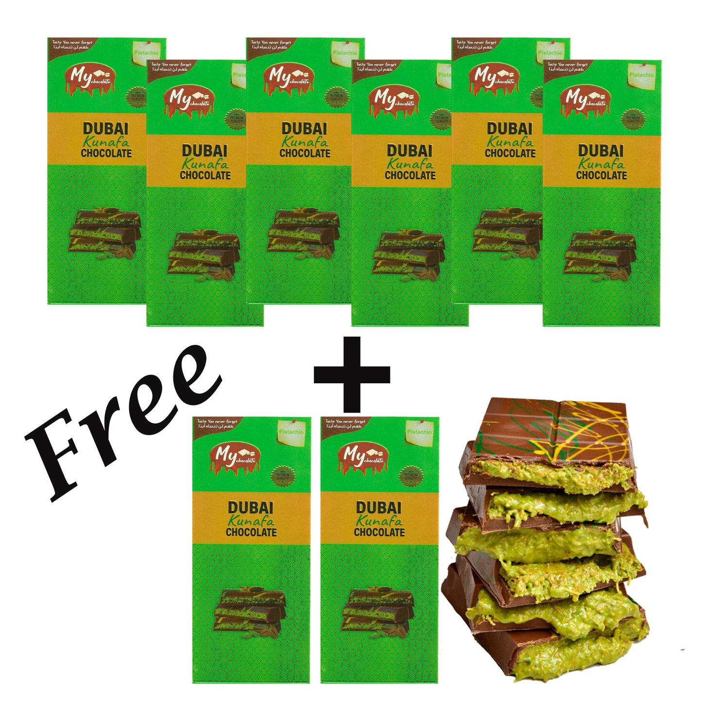 Premium Dubai Chocolate Kunafa Pistachio 100g – Pack of 6 + 2 Free | Premium Middle Eastern Chocolate Gift Box | Arabic Dessert-Inspired Pistachio Chocolate