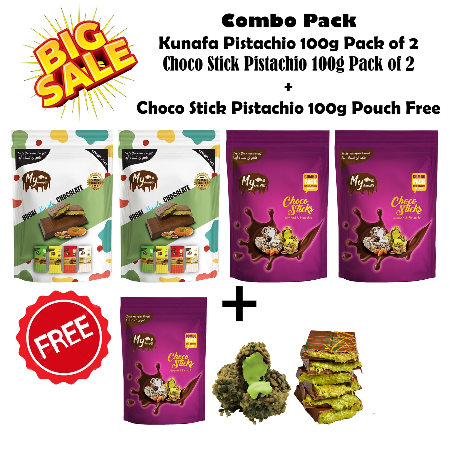 Dubai Signature Combo – Kunafa Pistachio Chocolate & Choco Stick Pistachio (4 Packs + 1 Free Pouch)