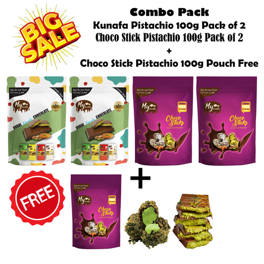 Dubai Signature Combo – Kunafa Pistachio Chocolate & Choco Stick Pistachio (4 Packs + 1 Free Pouch)