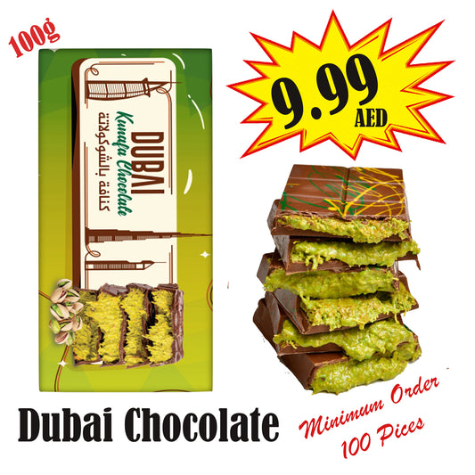 Big Sale! 100 Pieces of Premium Dubai Kunafa Pistachio Chocolate 100g – Now Only AED 9.99 Per Piece